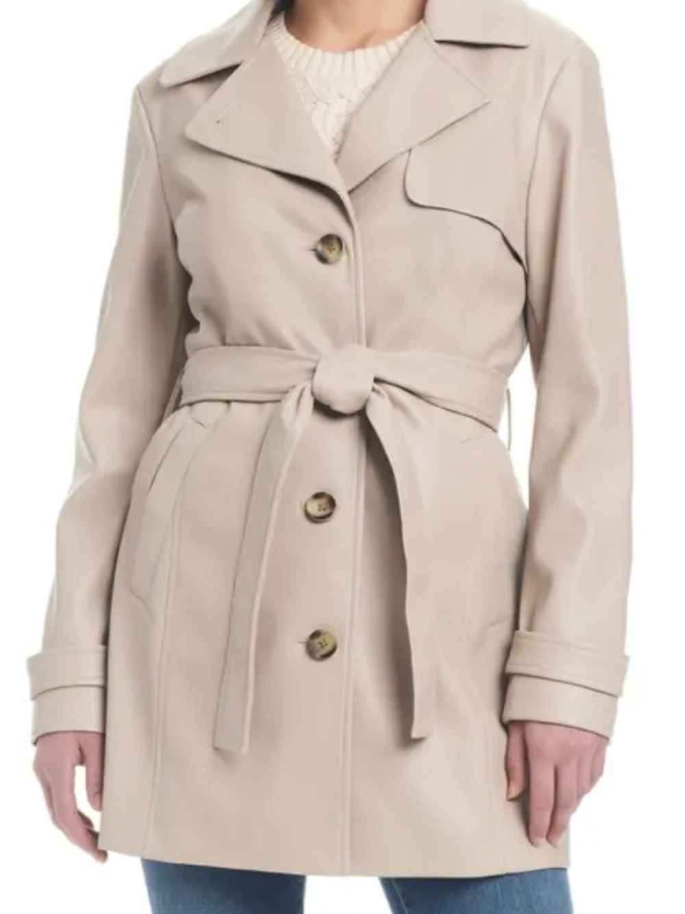Sanctuary Taupe Faux-Leather Trench Coat with Self-Tie Belt